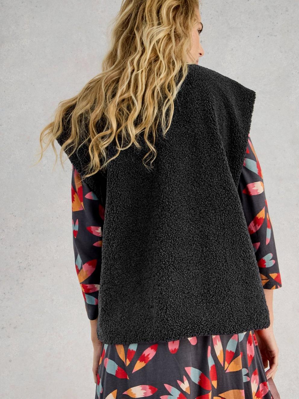 Womens Borg Gilet in CHARC GREY - MODEL BACK