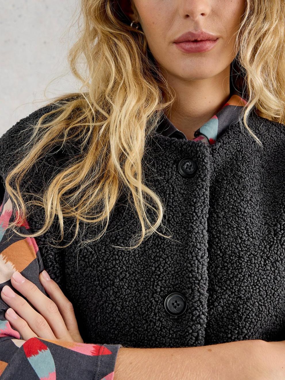 Womens Borg Gilet in CHARC GREY - MODEL DETAIL