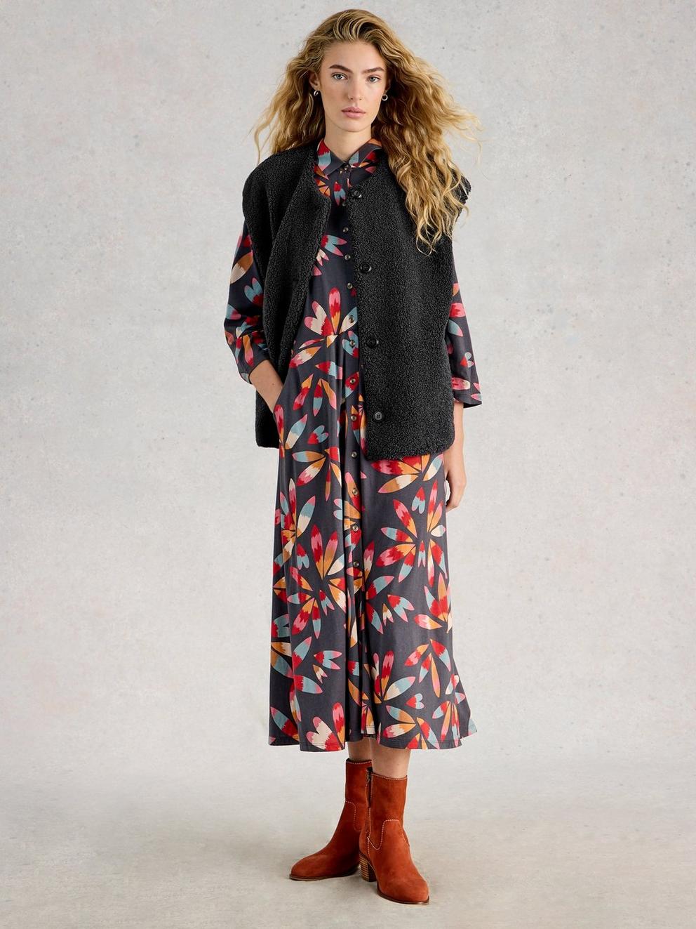 Womens Borg Gilet in CHARC GREY - MODEL FRONT