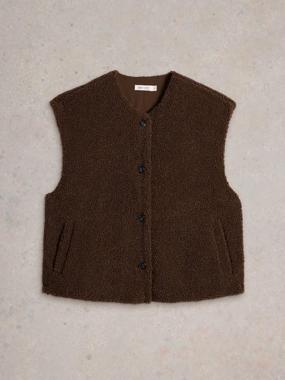 Womens Borg Gilet in DK BROWN - FLAT FRONT