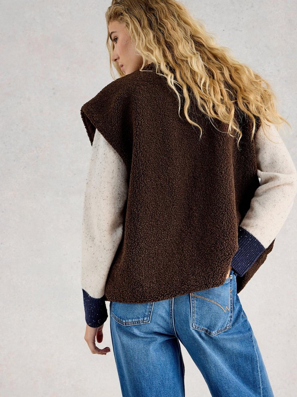 Womens Borg Gilet in DK BROWN - MODEL BACK