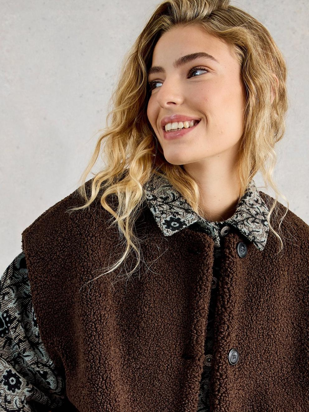 Womens Borg Gilet in DK BROWN - MODEL DETAIL