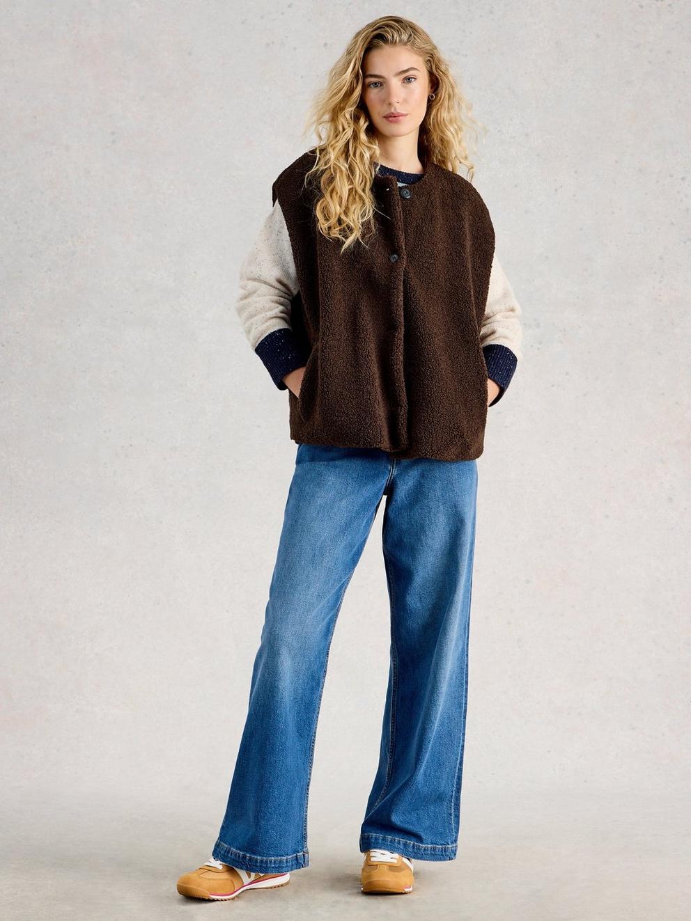 Womens Borg Gilet in DK BROWN - MODEL FRONT