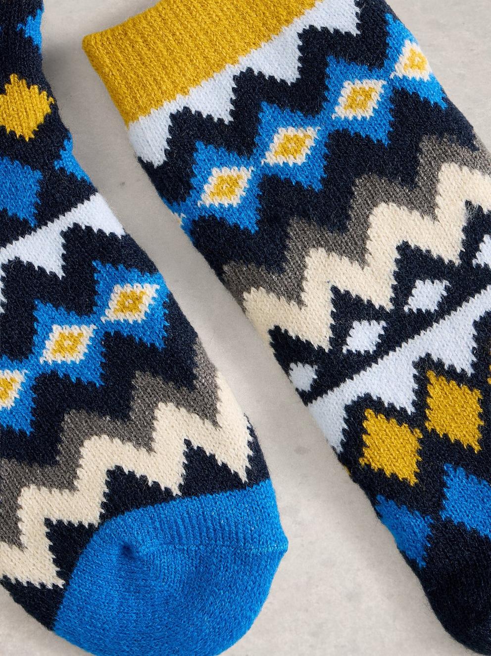 Diamond Fairisle Cabin Sock in BLUE MLT - FLAT DETAIL