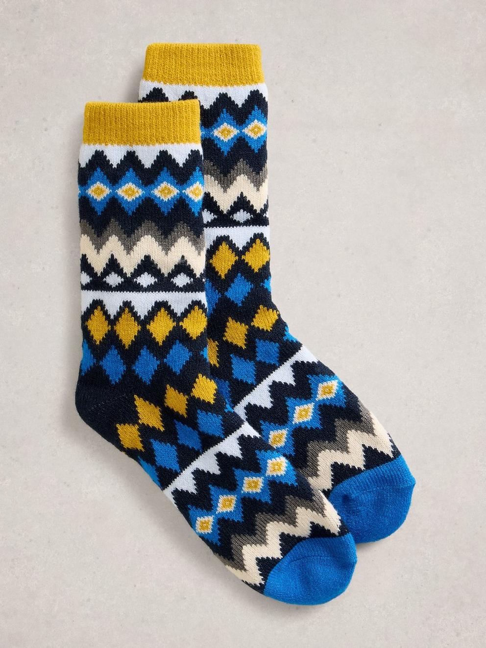 Diamond Fairisle Cabin Sock in BLUE MLT - FLAT FRONT