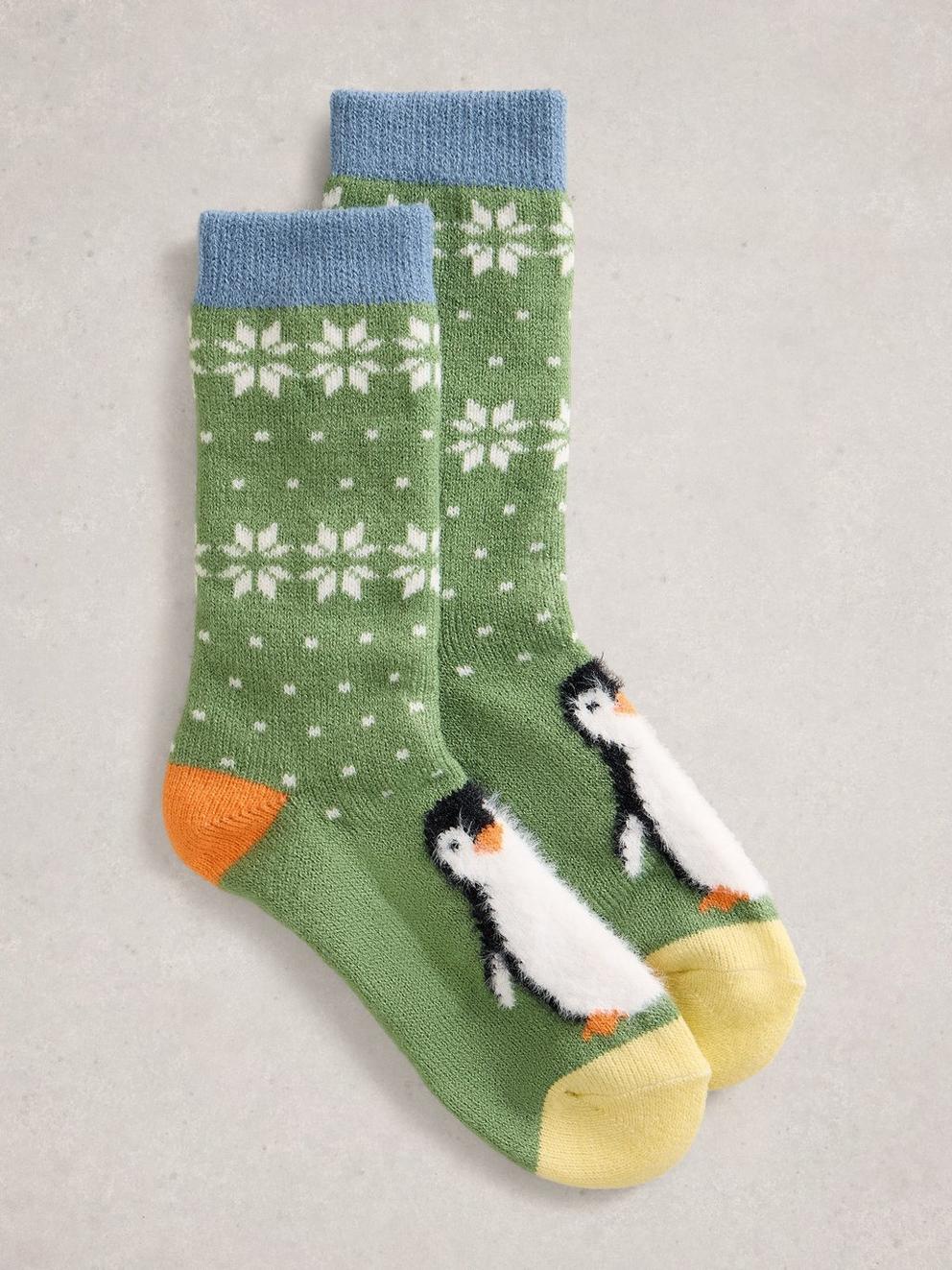 Fluffy Penguin Cabin Sock in GREEN MLT - FLAT FRONT