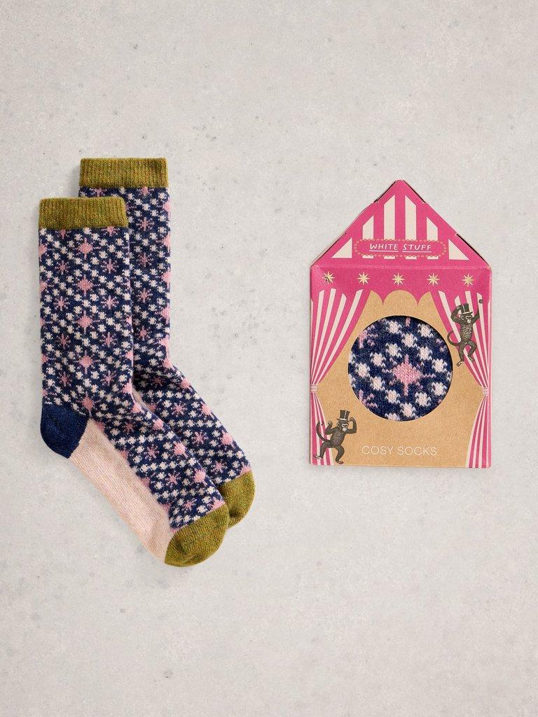 Cosy Womens Sock in a Box in NAVY MULTI - FLAT FRONT