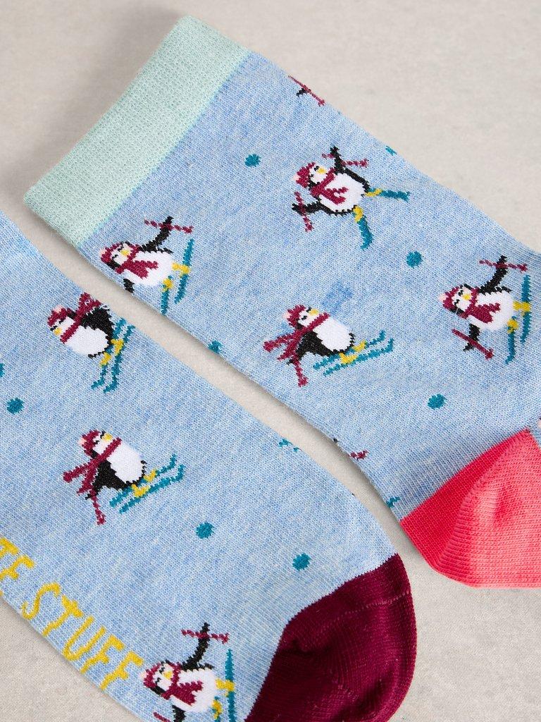 Ski Penguin Sock in a Cracker in BLUE MLT - FLAT DETAIL