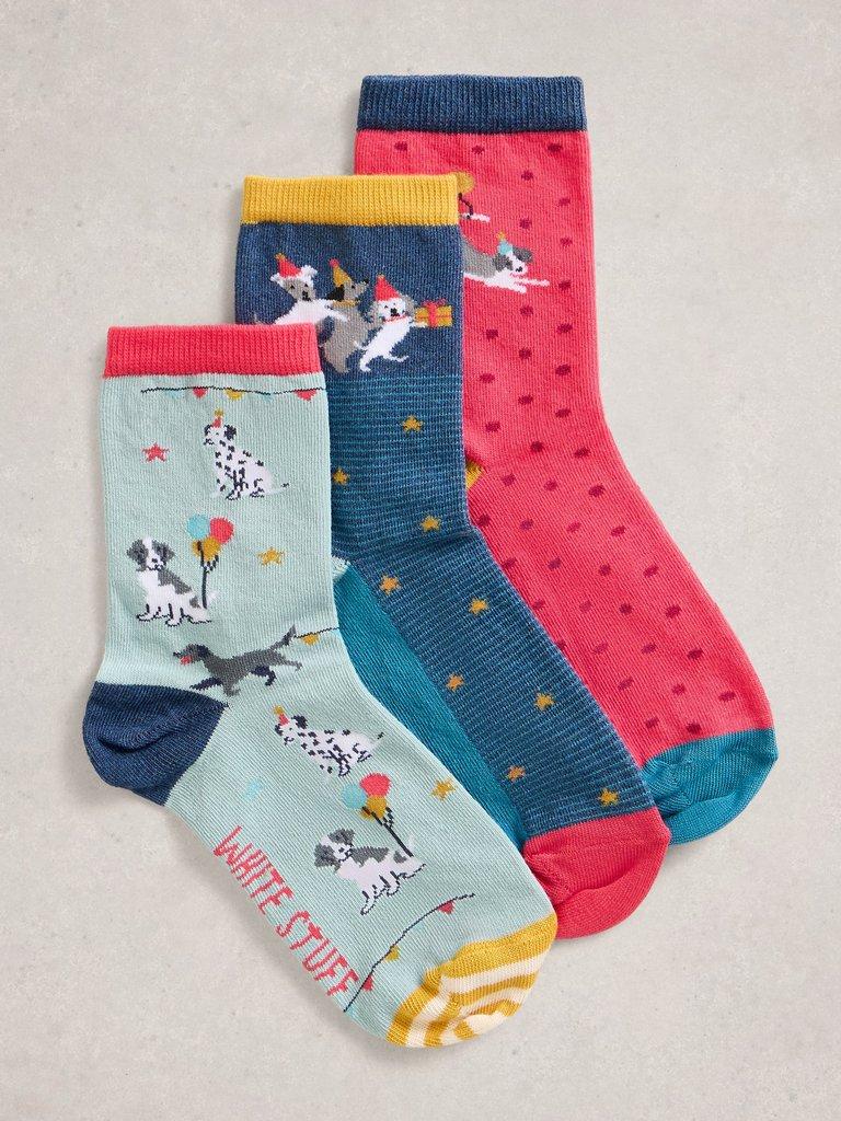 3 Pack Party Dogs Ankle Socks in BLUE MLT - FLAT FRONT