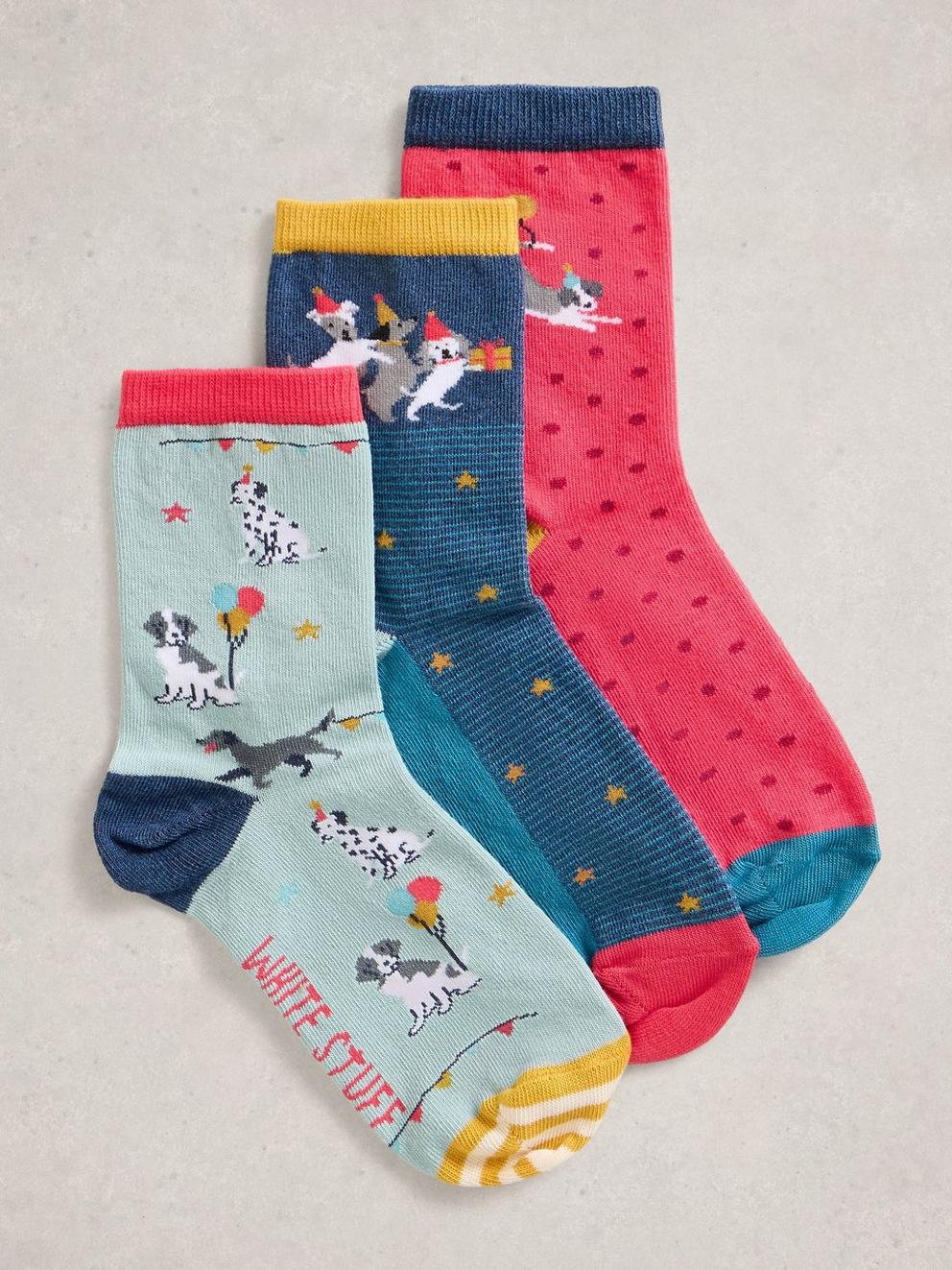 3 Pack Party Dogs Ankle Socks in BLUE MLT - FLAT FRONT