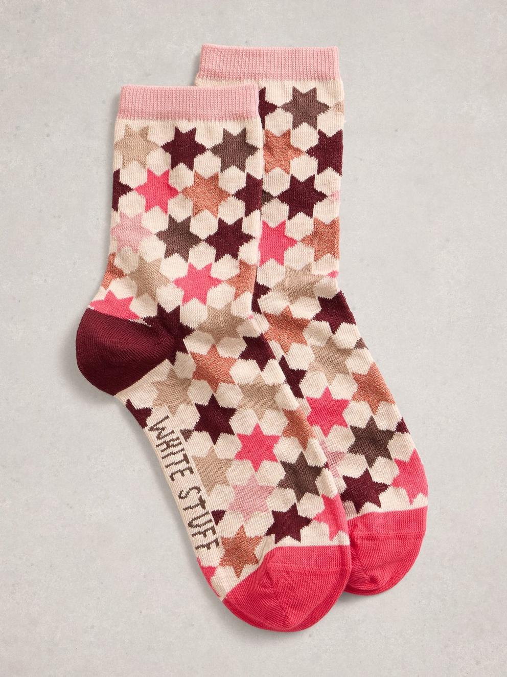 Womens Pattern Ankle Socks in PINK MLT - FLAT FRONT