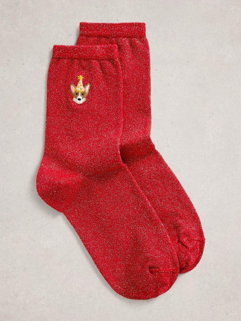 Embroidered Corgi Sparkle Sock in BRT RED - FLAT FRONT