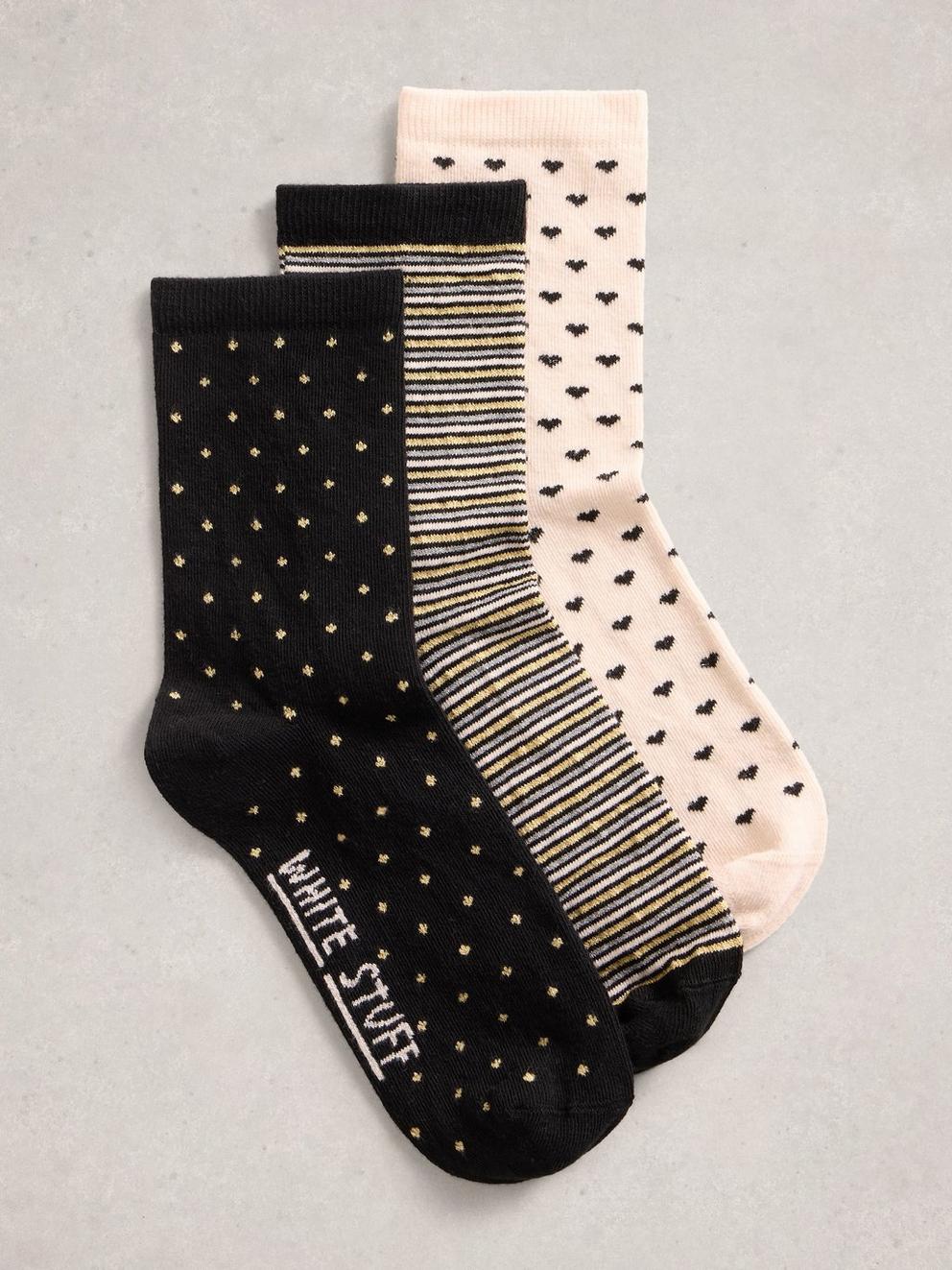3 Pack Sparkle Ankle Socks in BLK MLT - FLAT FRONT