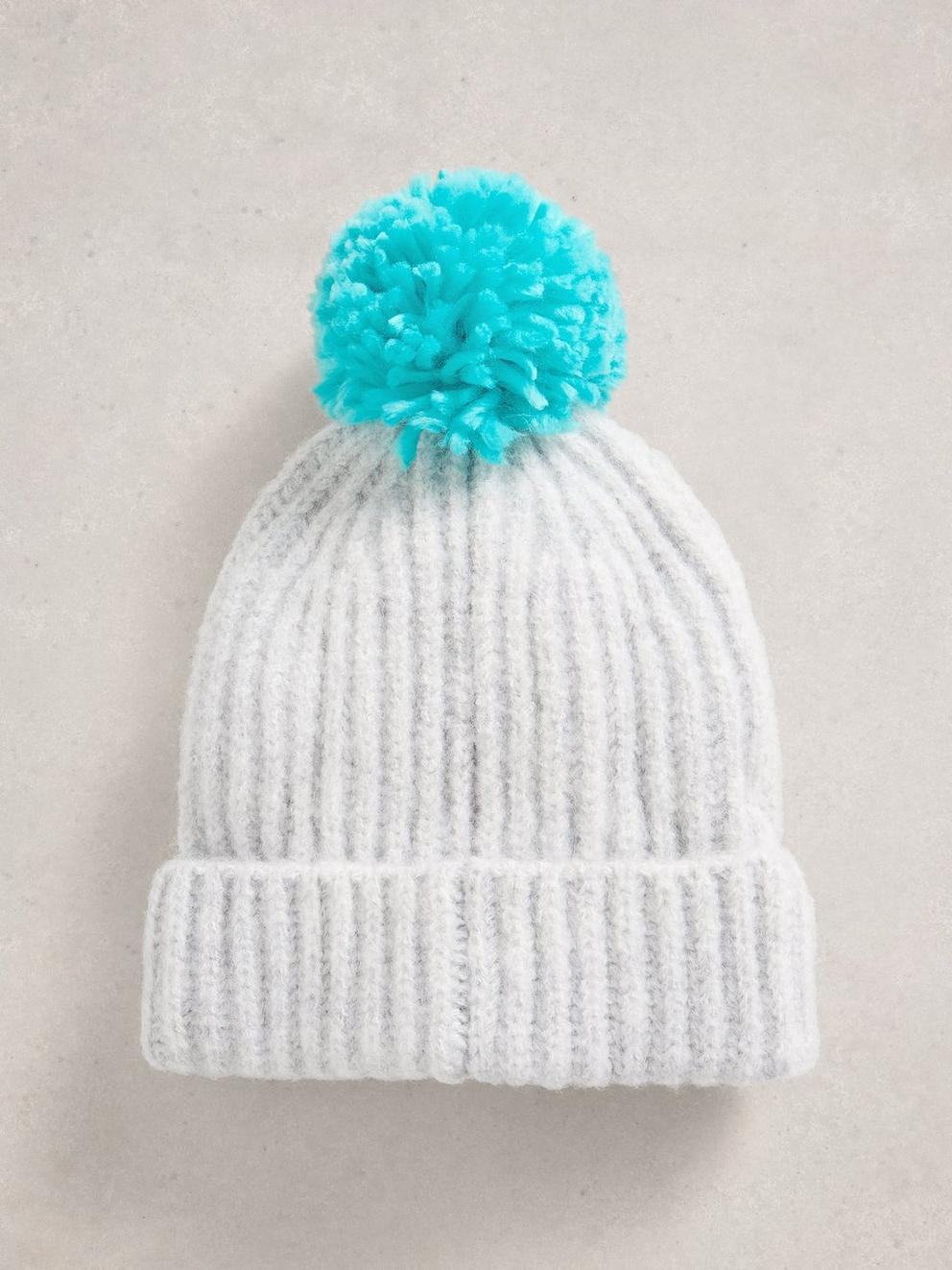 Pom Beanie in a Box in MID BLUE - FLAT DETAIL