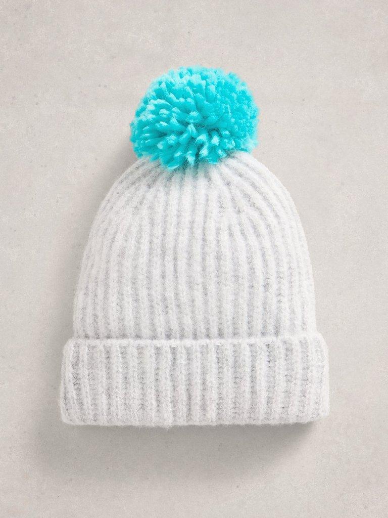 Pom Beanie in a Box in MID BLUE - FLAT FRONT