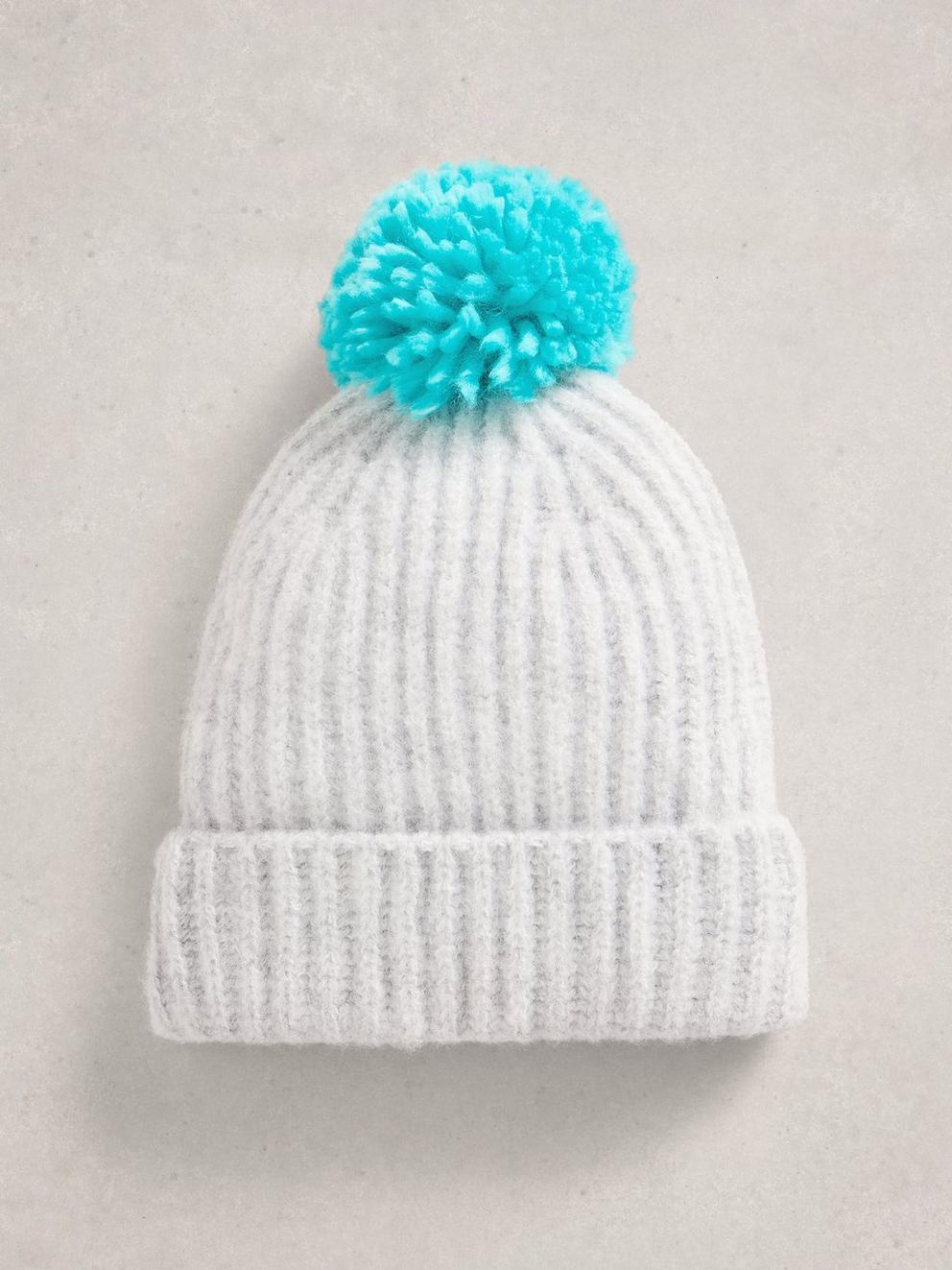 Pom Beanie in a Box in MID BLUE - FLAT FRONT