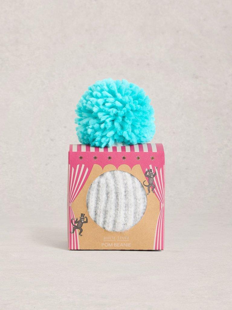 Pom Beanie in a Box in MID BLUE - MODEL FRONT