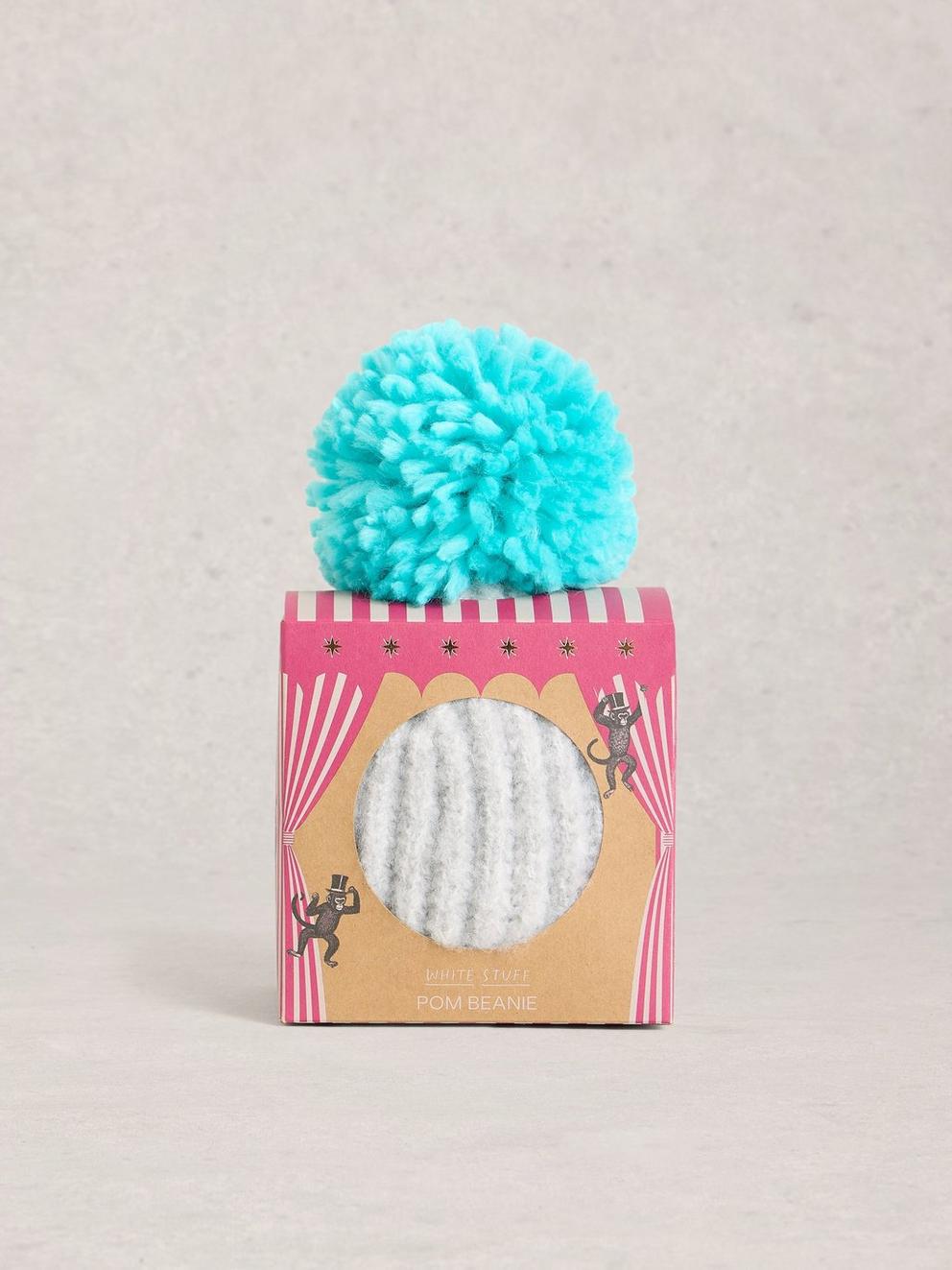 Pom Beanie in a Box in MID BLUE - MODEL FRONT