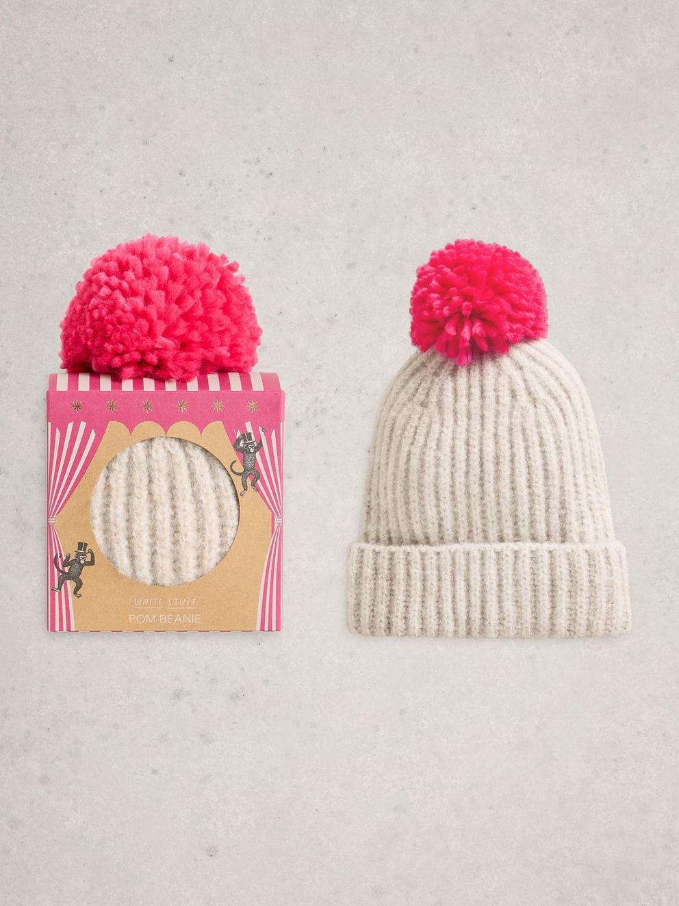 Pom Beanie in a Box in MID PINK - FLAT FRONT