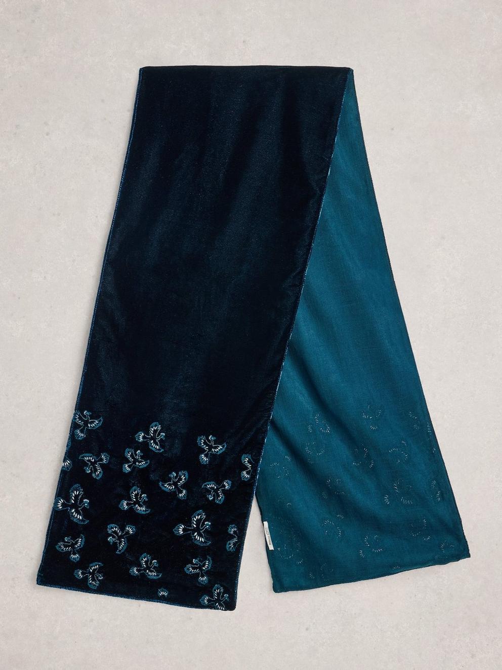 Velvet Embroidered Scarf in TEAL MLT - FLAT BACK