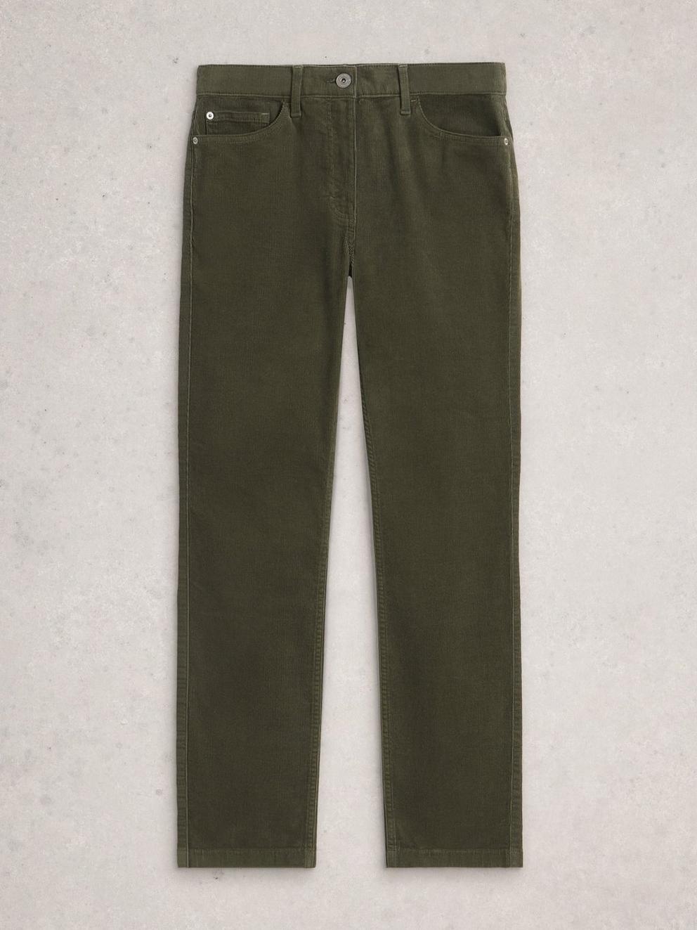 Brooke Straight Cord Trousers in KHAKI GRN - FLAT FRONT