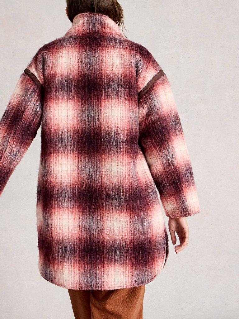 Marlowe Reversible Coat in PLUM MLT - MODEL BACK