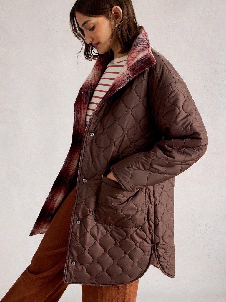 Marlowe Reversible Coat in PLUM MLT - MODEL DETAIL