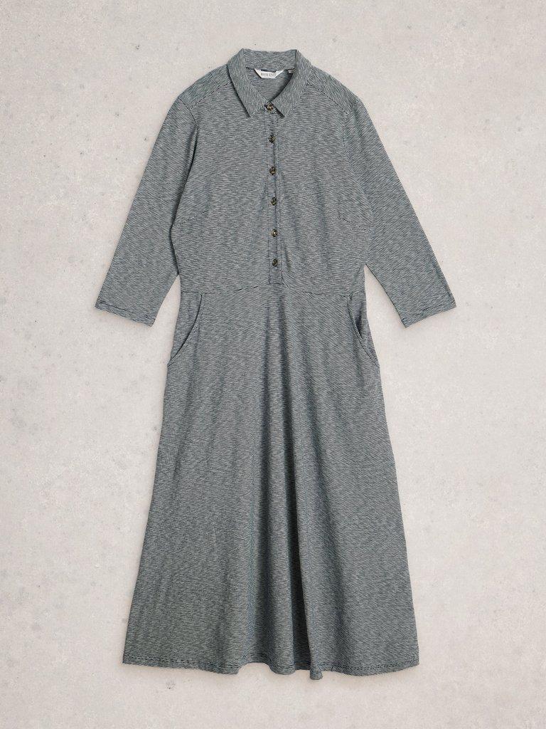 Rua Jersey Half Placket Dress in NAVY MULTI - FLAT FRONT