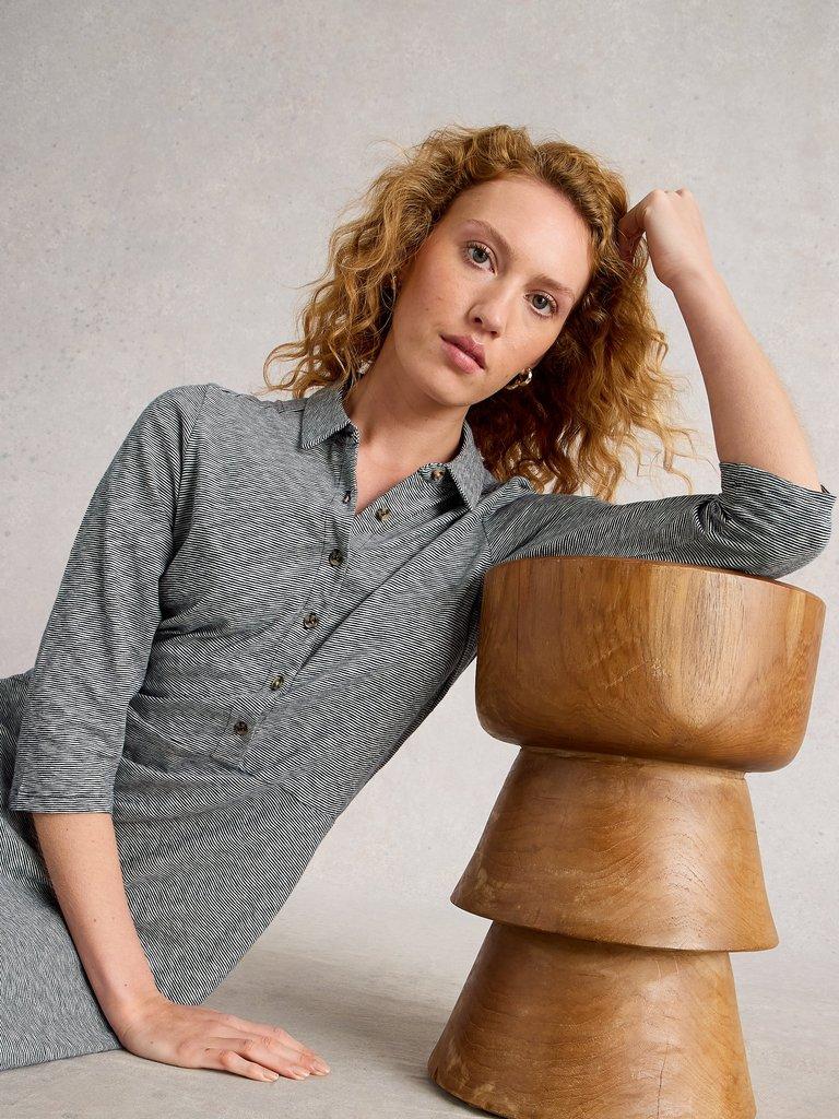 Rua Jersey Half Placket Dress in NAVY MULTI - MODEL DETAIL