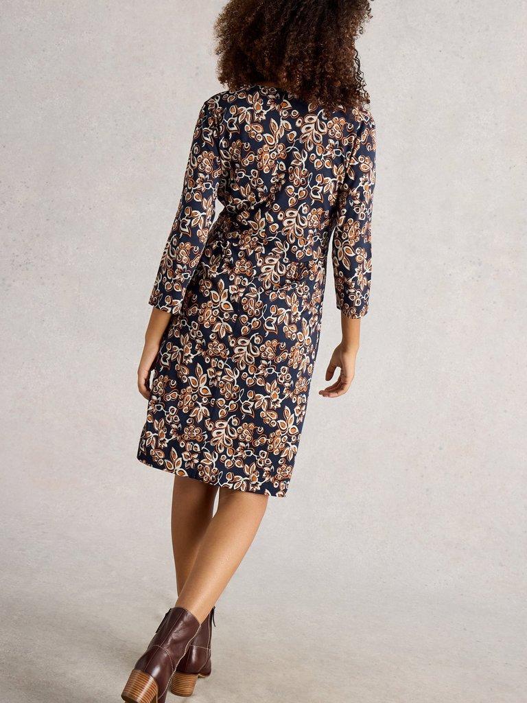 Tallie Wrap Jersey Dress in NAVY MULTI - MODEL BACK