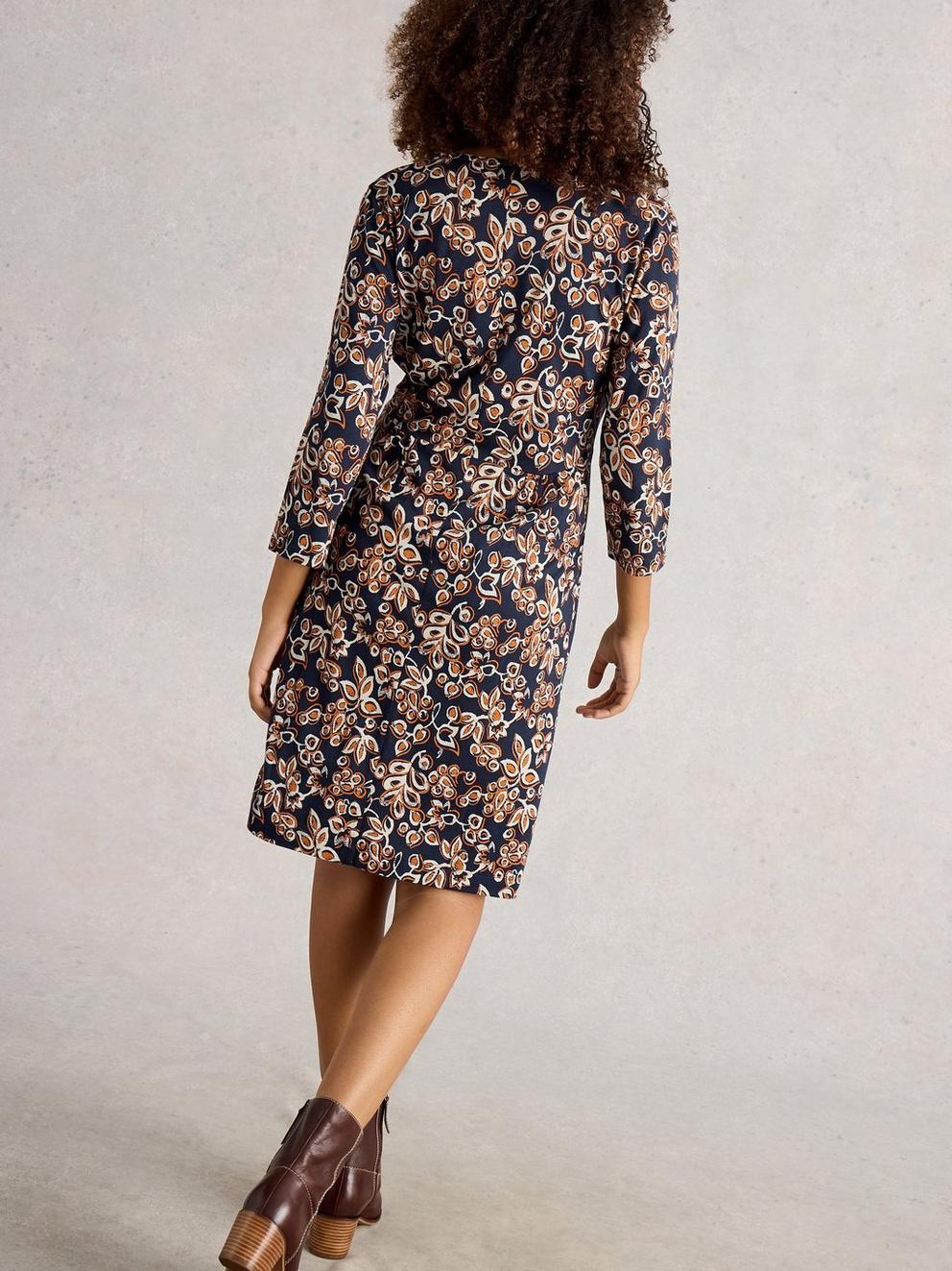 Tallie Wrap Jersey Dress in NAVY MULTI - MODEL BACK
