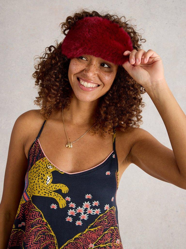 Velvet Faux Fur Eye Mask in DK RED - MODEL FRONT