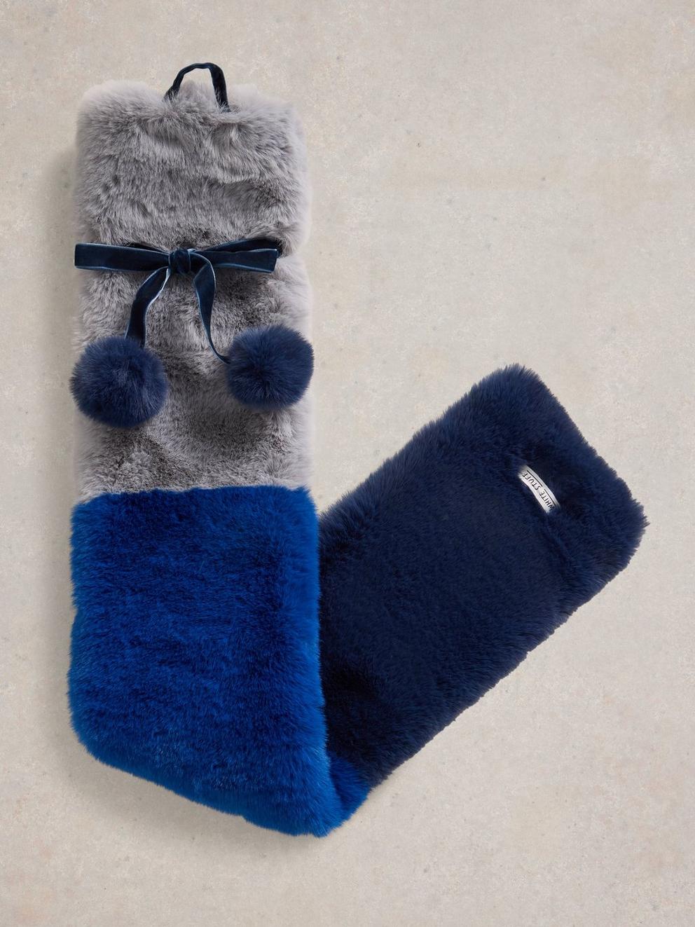 Long Faux Fur Hot Water Bottle in BLUE MLT - FLAT FRONT