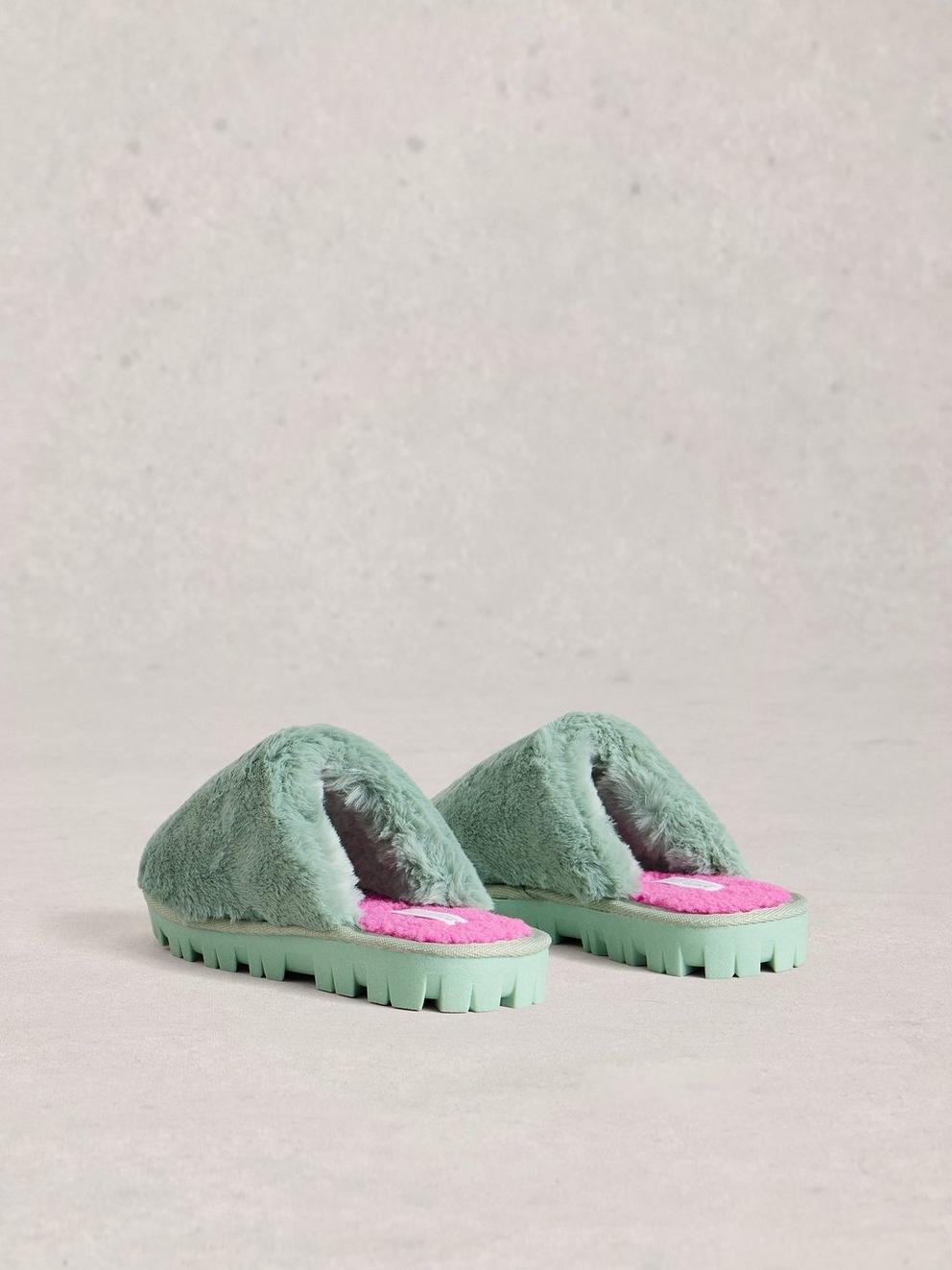 Faux Fur Slipper Mule in MINT GREEN - FLAT BACK