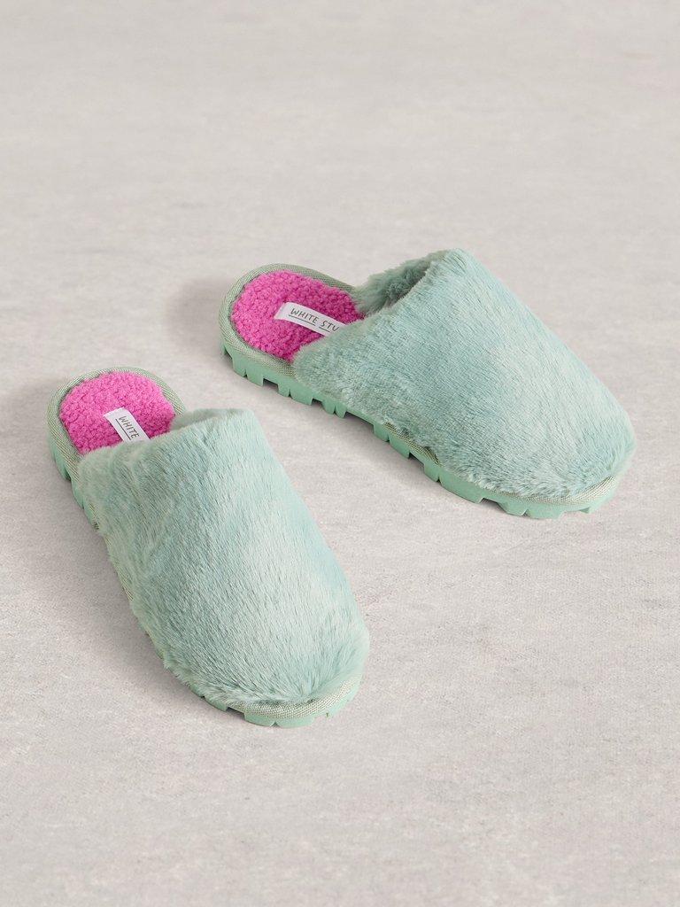 Faux Fur Slipper Mule in MINT GREEN - FLAT FRONT