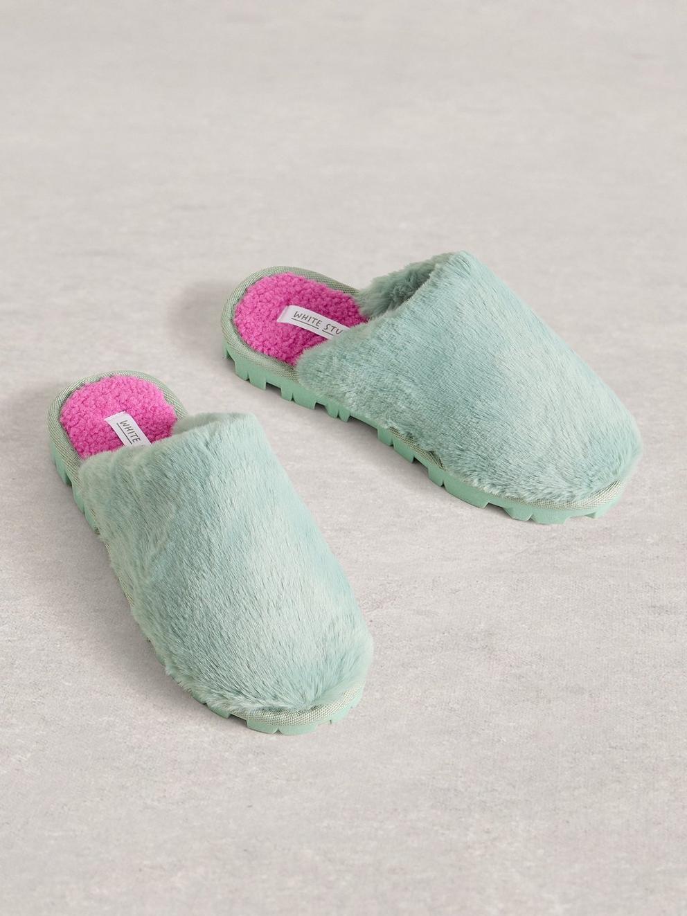 Faux Fur Slipper Mule in MINT GREEN - FLAT FRONT
