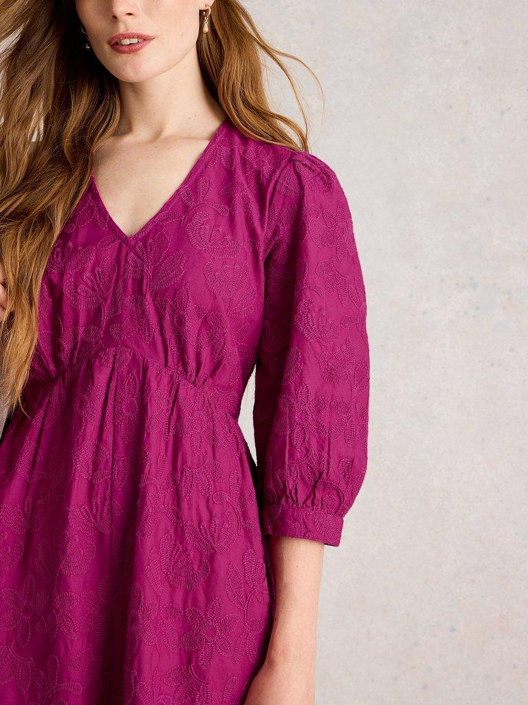 Lucy Embroidered Dress in MID PINK - MODEL DETAIL