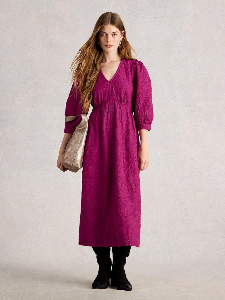 Lucy Embroidered Dress in MID PINK - MODEL FRONT