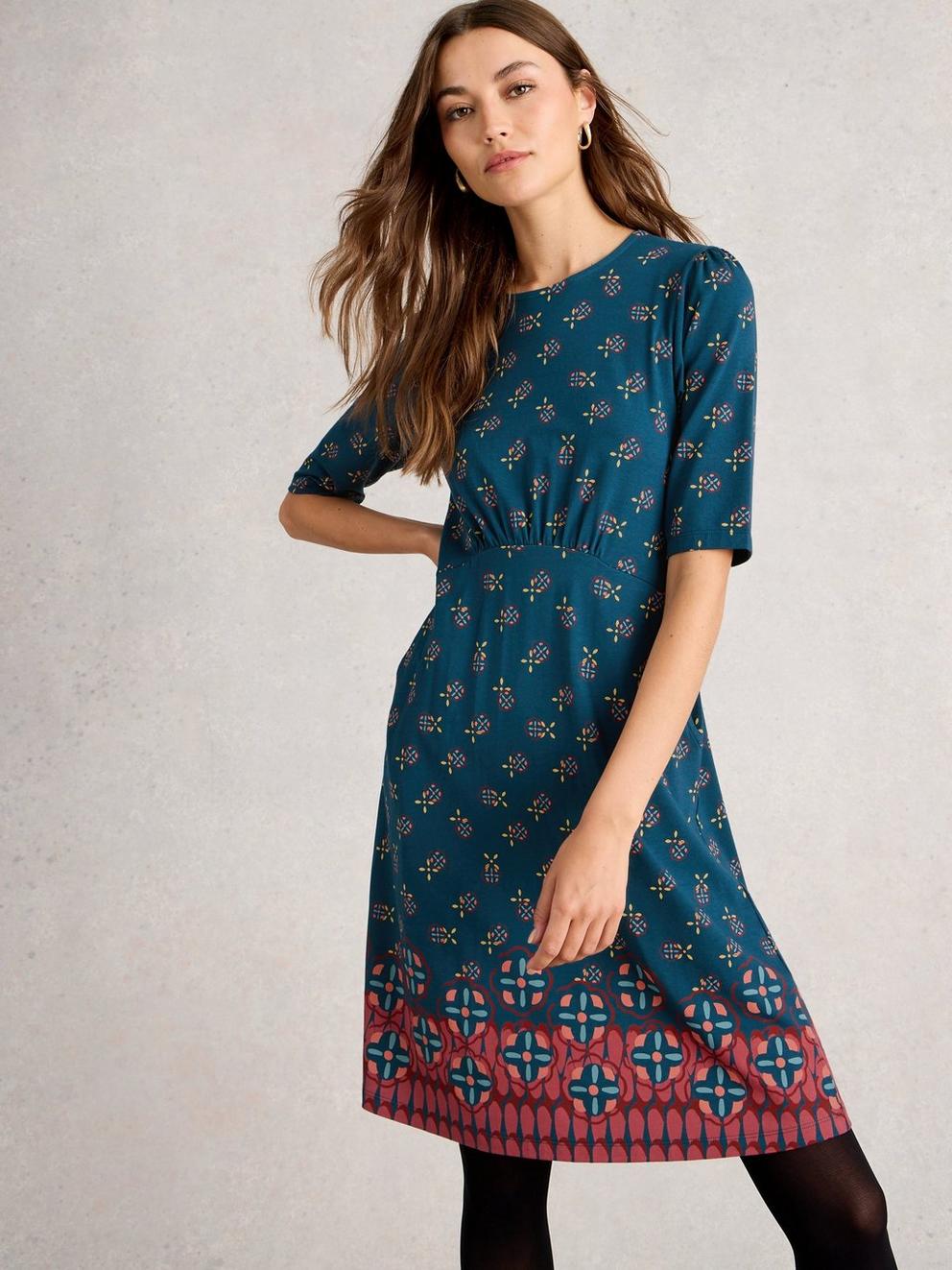 Olivia Crew Neck Jersey Dress in TEAL PR - MODEL DETAIL