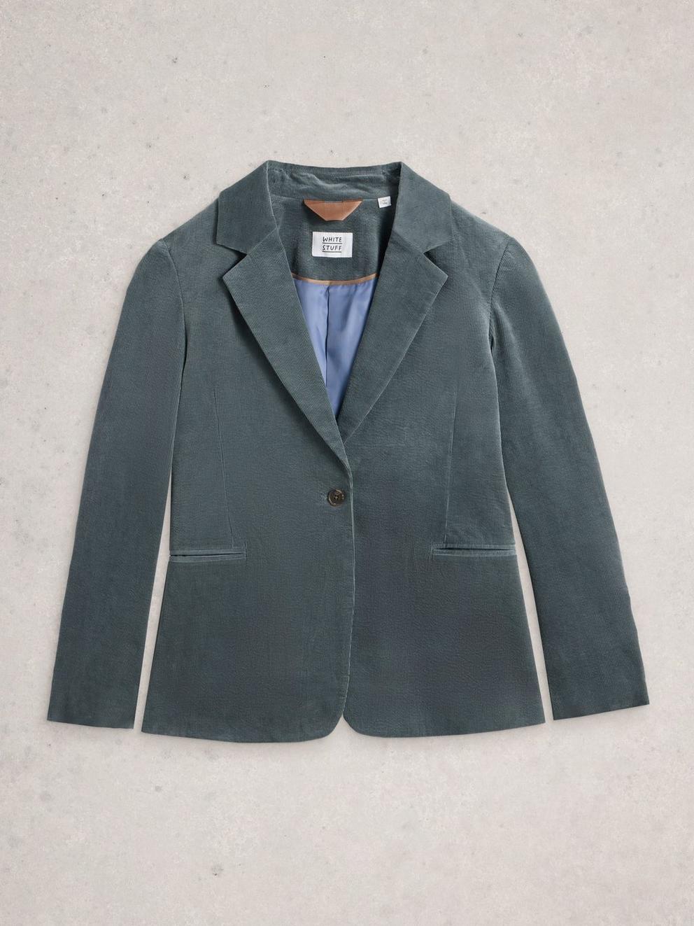Evelyn Cord Collared Blazer in DK GREEN - FLAT FRONT