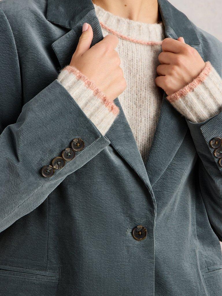 Evelyn Cord Collared Blazer in DK GREEN - MODEL DETAIL