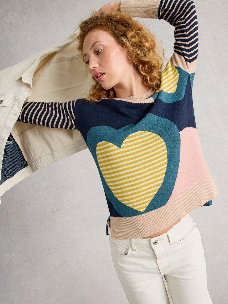 OLIVE CREW NECK HEART JUMPER in PINK MLT - LIFESTYLE