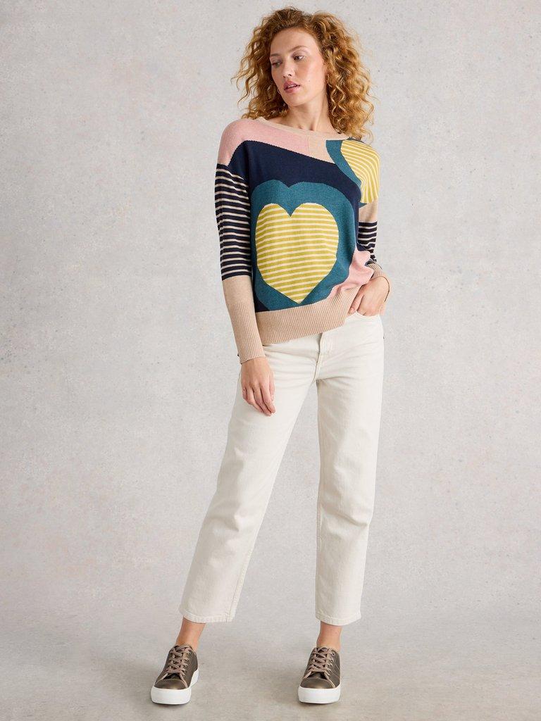 OLIVE CREW NECK HEART JUMPER in PINK MLT - MODEL FRONT