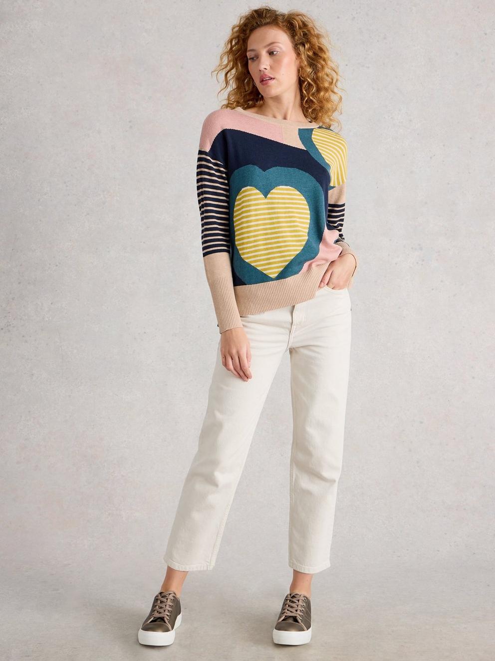 OLIVE CREW NECK HEART JUMPER in PINK MLT - MODEL FRONT
