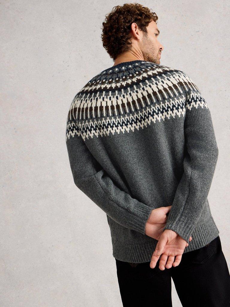 Claude Fairisle Crew Neck in DK GREY - MODEL BACK
