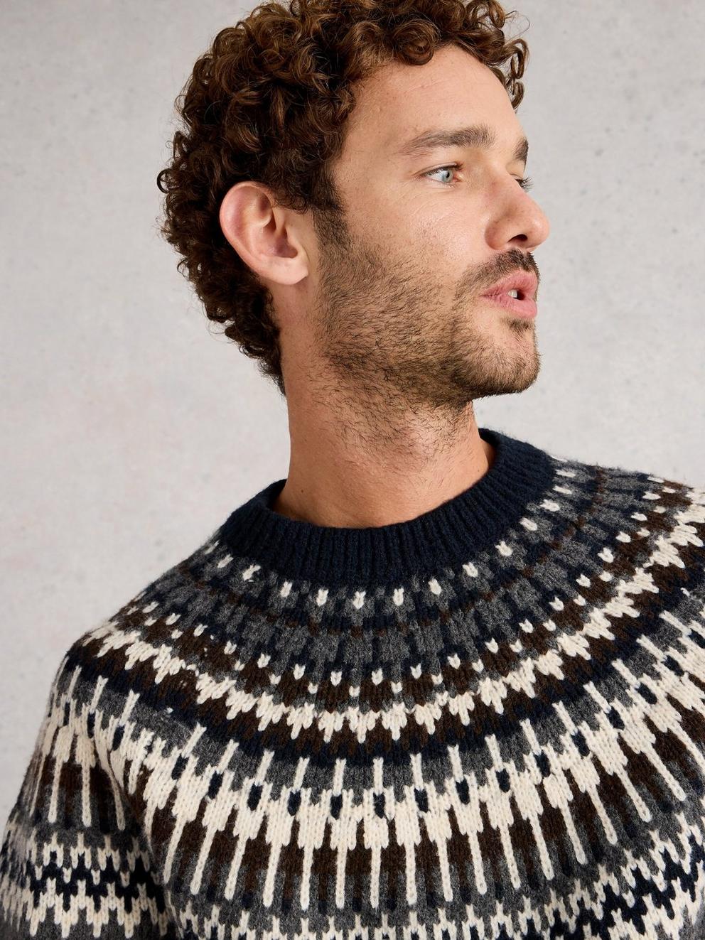 Claude Fairisle Crew Neck in DK GREY - MODEL DETAIL