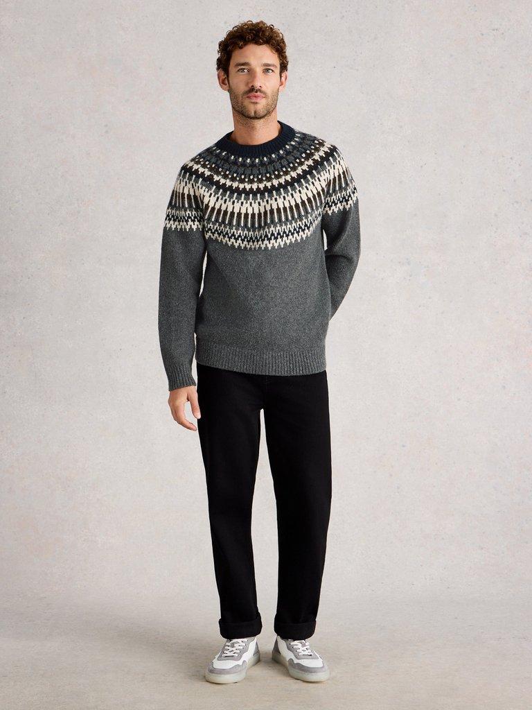 Claude Fairisle Crew Neck in DK GREY - MODEL FRONT