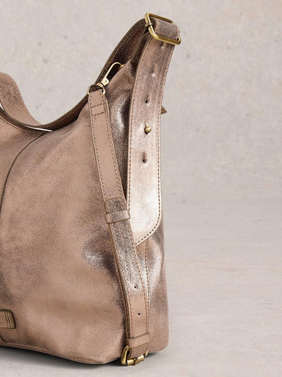 Sophia Leather Crossbody in GLD TN MET - MODEL DETAIL