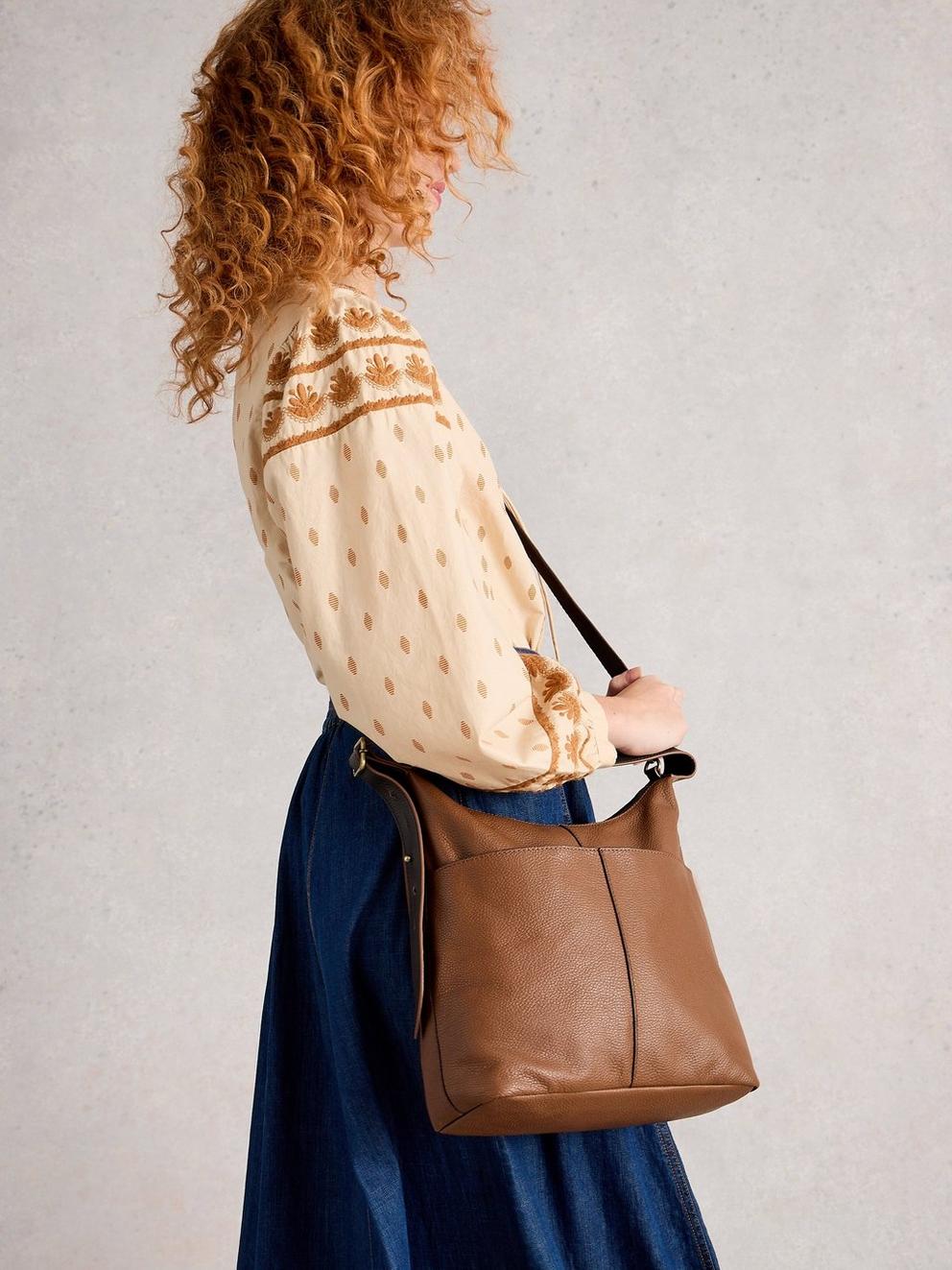 Sophia Leather Crossbody in MID TAN - MODEL FRONT