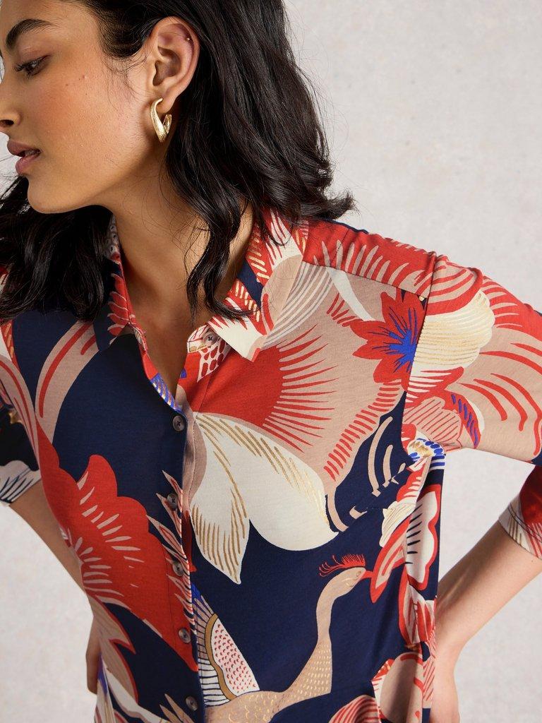 Rua  Midi Jersey Shirt Dress in RED MLT - MODEL DETAIL